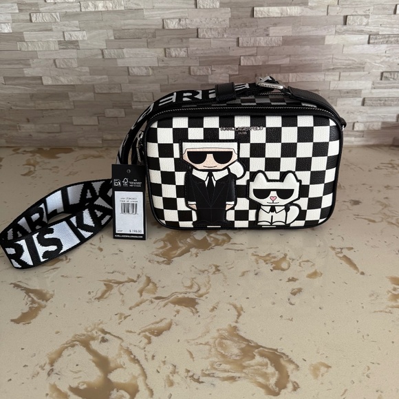 New KARL LAGERFELD PARIS Maybelle  Black White Checkered Camera  Crossbody Bag - Picture 1 of 9